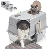 FUTAM stainless steel litter box with lid shows odor control and leak protection.