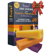 Fuzzl Yak Chews Blueberry pack shows natural ingredients and long-lasting chew.