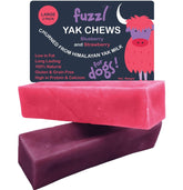 Fuzzl Yak Chews Blueberry Strawberry large pack front view, natural dog treats for dogs of all sizes.
