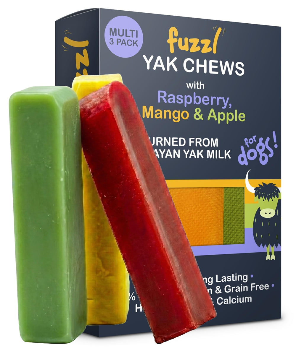 Fuzzl Yak Chews box three Raspberry Mango Apple for dogs