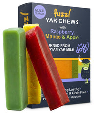 Fuzzl Yak Chews box three Raspberry Mango Apple for dogs