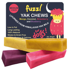Fuzzl Yak Chews mango-pack: long-lasting natural protein for dogs.