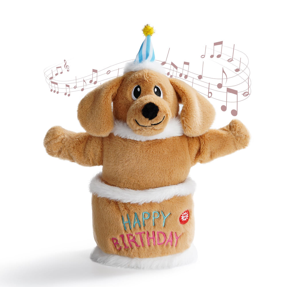 Fuzzwoof singing dancing dog toy with birthday cake in action for playful dogs