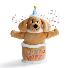 Fuzzwoof singing dancing dog toy with birthday cake in action for playful dogs
