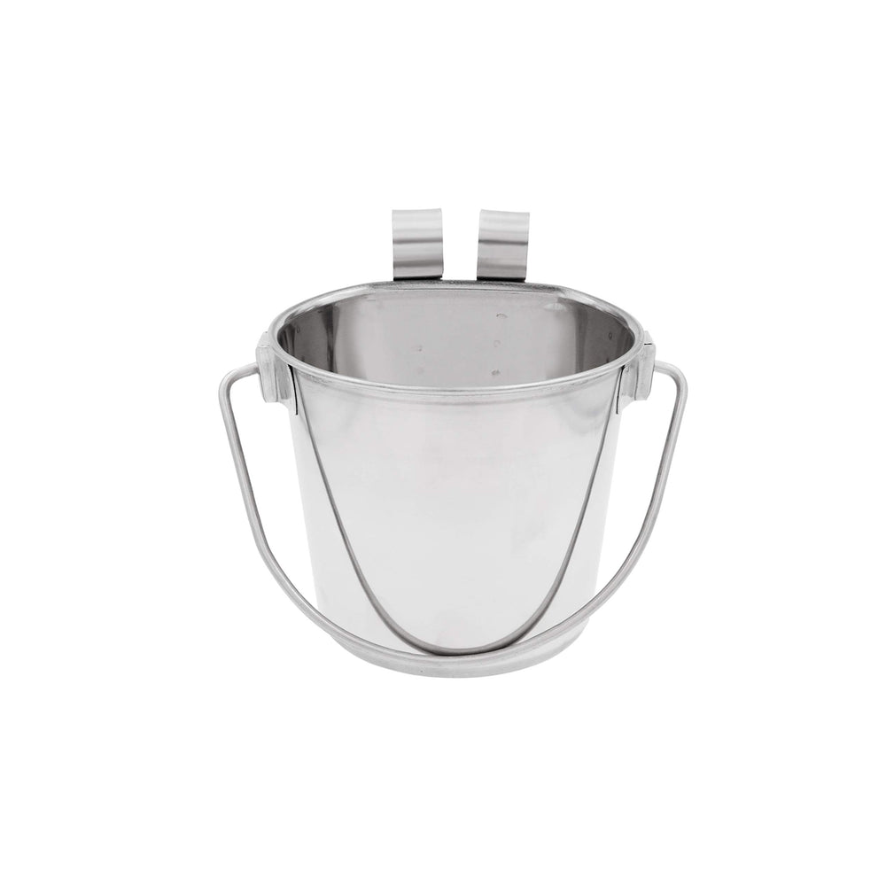Fuzzy Puppy flat-sided pail with dual hooks attached to a crate for easy feeding.