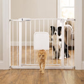 FuzzyNest metal gate with cat door closed keeps small pets safe at doorways