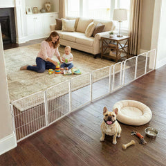 FXW Dog Gate indoor use shows wide, adaptable enclosure for spacious rooms