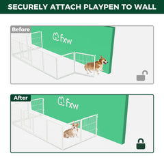 FXW playpen against wall with anchors expanding usable space.