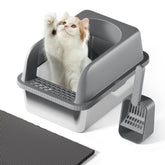 FYLICA stainless steel cat litter box with lid showing leak-proof containment for a tidy home.