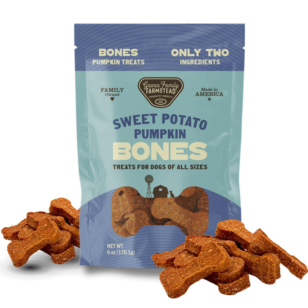 Gaines Family Farmstead Pumpkin & Sweet Potato Dog Bones, six-ounce pack, supports gentle digestion.