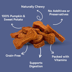 Gaines Family Farmstead pumpkin and sweet potato dog bones close-up; natural ingredients support immunity