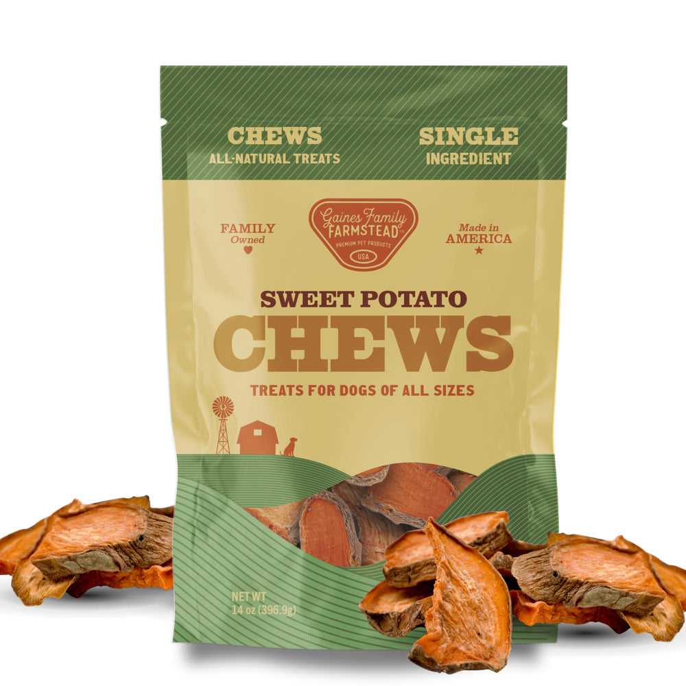 Gaines Family Farmstead sweet potato chews bag—grain-free dog treats.