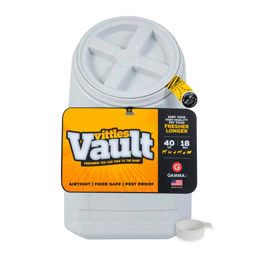 Gamma2 Vittles Vault 40lb dog kibble container with airtight seal preserving freshness.
