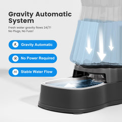 Gardner Pet gravity dispenser, bowl close-up, highlighting a durable stainless steel hydration area