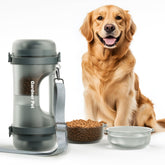 Gardner Pet two-in-one water and food bottle on trail for easy dog outings.