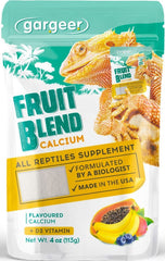 Gargeer fruit blend flavored calcium powder ready to dust onto reptile feeders.