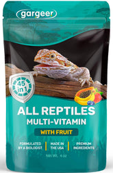 Gargeer multi-vitamin with fruit bottle shows premium reptile supplement for growth and recovery.