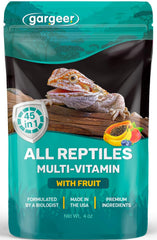 Gargeer multi-vitamin with fruit bottle shows premium reptile supplement for growth and recovery.