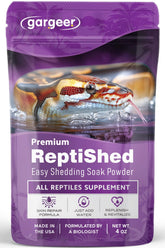 Gargeer ReptiShed powder packaging shown for easy prep and storage.