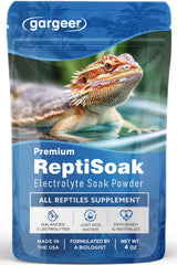 Gargeer ReptiSoak powder tub front demonstrates hydration support for reptiles.