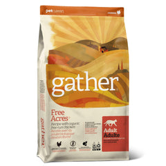 Gather Free Acres chicken kibble bag highlights organic protein for adult cats