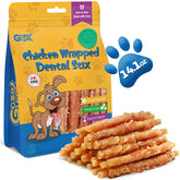 Gazeupon dog dental treats: chicken-wrapped peanut butter stick in action, promoting easy chewing.