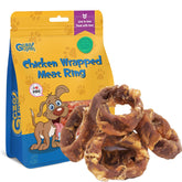 Gazeupon dog treats chicken-wrapped meat ring for large breeds, protein-rich chew.