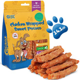 Gazeupon dog treats packaging shows chicken-wrapped sweet potato, a wholesome protein snack.