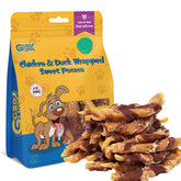 GazeUpon dog treats packaging shows chicken and duck wrapped in sweet potato for wholesome snacking.
