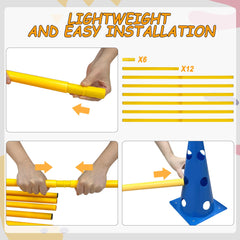 GeerDuo blue and yellow poles with cones enable versatile obstacle training.