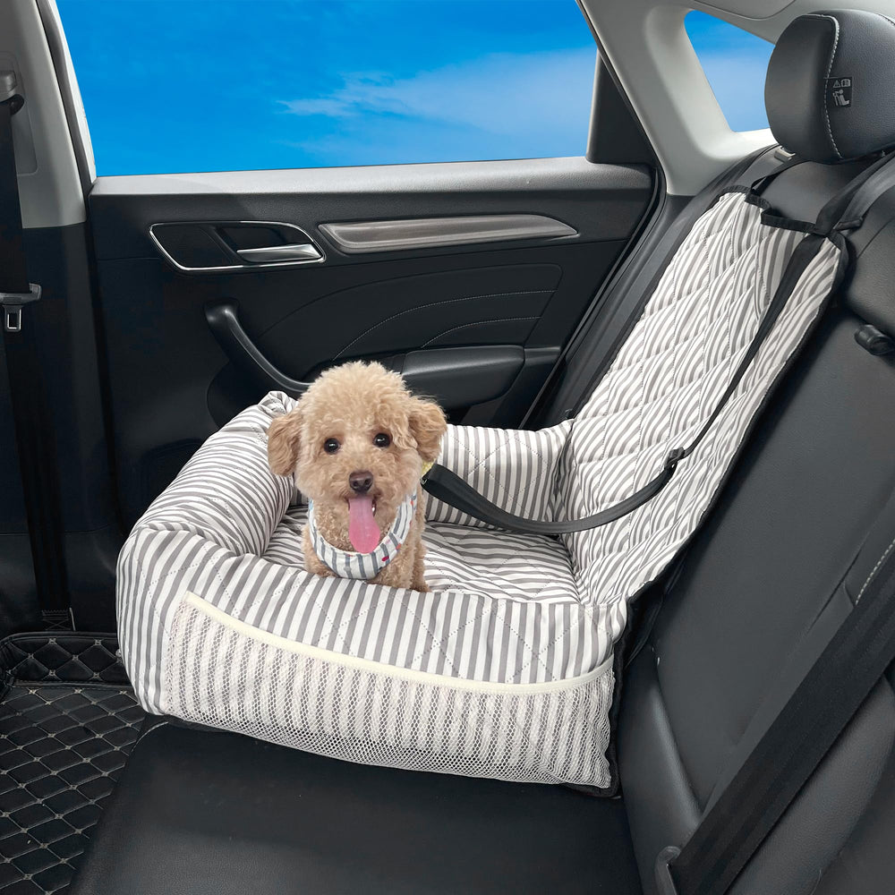 GeerDuo dog car seat stripes size M shows secure fit for traveling pets