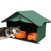 GeerDuo Outdoor Cat House with waterproof roof protecting the feeding space from rain.
