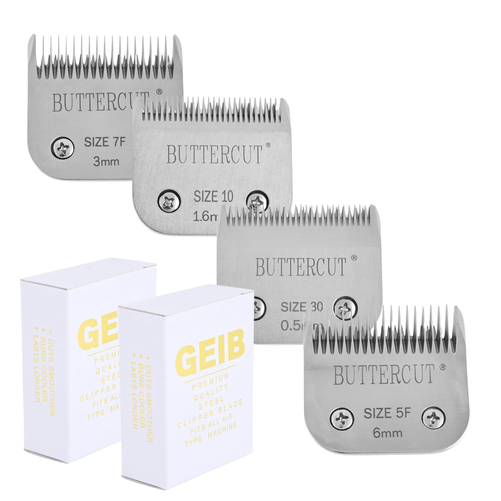 Geib Buttercut detachable blade pack showing four sizes for versatile grooming