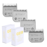 Geib Buttercut detachable blade pack showing four sizes for versatile grooming