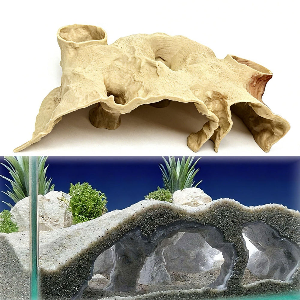 Generic 3D-printed aquarium underground cave with dual entrance for shy fish.