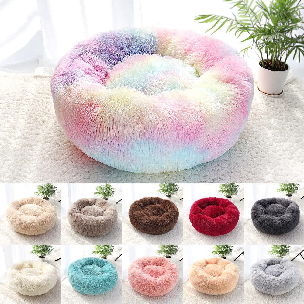 Generic round cat bed with rainbow faux fur for cozy curling.