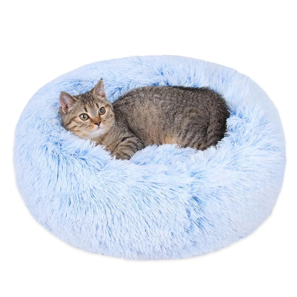 Generic cat bed donut in cornflower blue for indoor cats, cozy 20x20 inches.