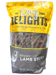 Generic Dog Delight lamb sticks bag; savory, simple ingredients for dogs.