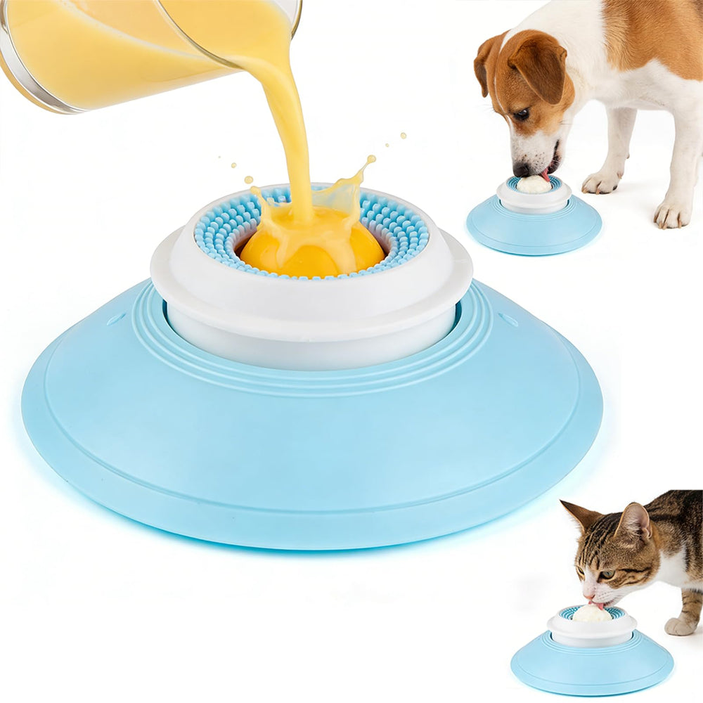 Generic Dog Lick Sphere yellow with non-slip base improves mealtime pacing.