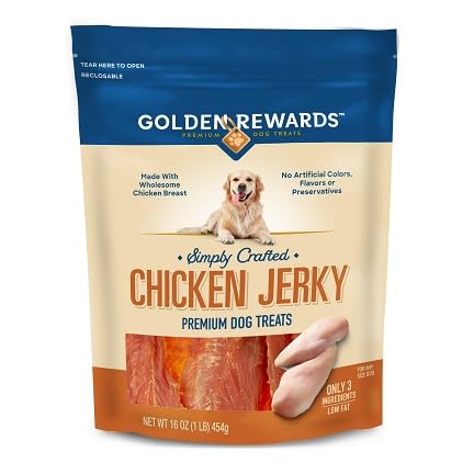 Generic Golden Rewards chicken jerky bag shows premium packaging and freshness.
