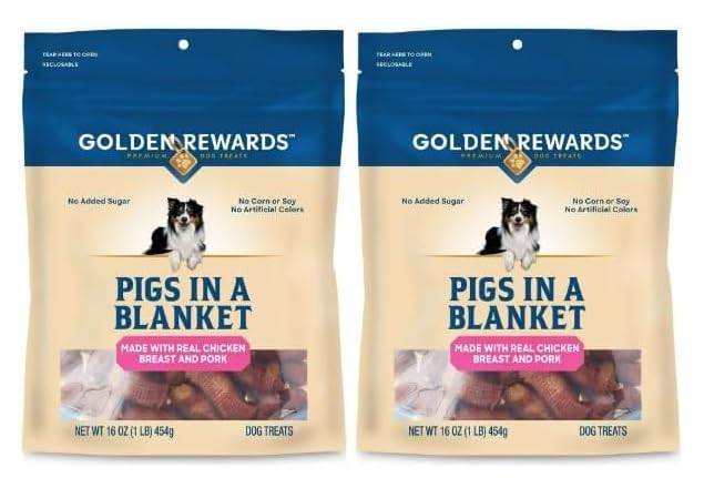 Generic Golden Rewards pigs in a blanket bag display for tasty, protein-rich rewards.