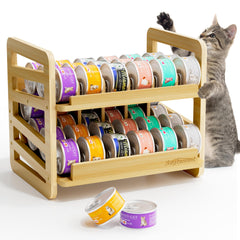 Generic Rolling Bamboo Cat Food Can Organizer front view shows two-tier design for easy reaching cans.