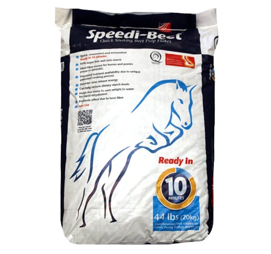 Generic Speedi-Beet feed flakes package, illustrating quick soaking and high-fiber nutrition for horses