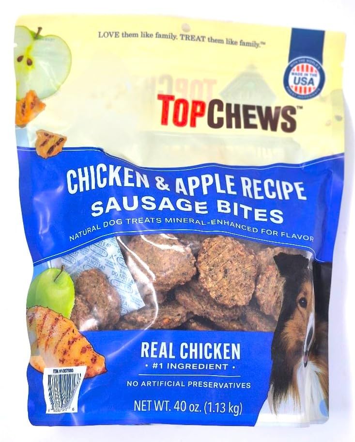 Generic Top Chews Chicken Apple Dog Treats pack on display, tasty natural treat for dogs.