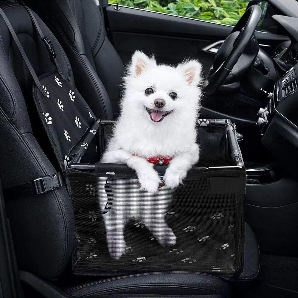 GENORTH dog car seat front view showing secure harness attachment for safe car rides