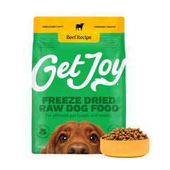 Get Joy Freeze Dried Raw Beef Meal front bag showing grain-free protein option for all breeds.