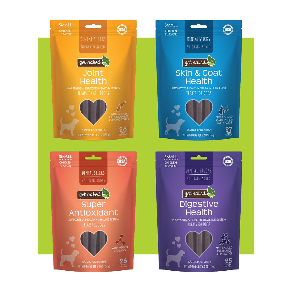 Get Naked Dental Sticks Variety Pack front view showing four bags for daily wellness