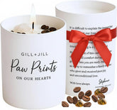 Gill + Jill Paw Prints Candle label honors a dog's memory with a gentle memorial focal point.
