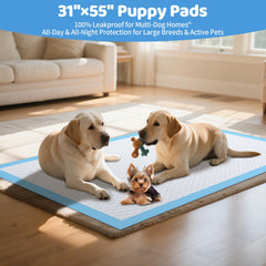 Gimars extra-large pads on floor with dog for leak-free indoor containment