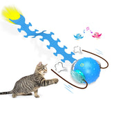 Giociv interactive cat ball with blue centipede design rolling smoothly on carpet.